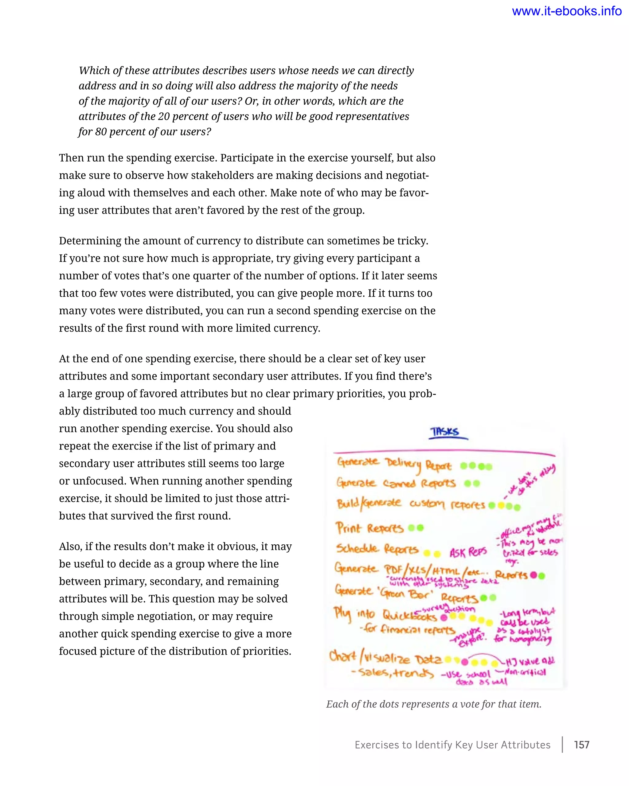Which of these attributes describes users whose needs we can directly
address and in so doing will also address the majority of the needs
of the majority of all of our users? Or, in other words, which are the
attributes of the 20 percent of users who will be good representatives
for 80 percent of our users?
Then run the spending exercise. Participate in the exercise yourself, but also
make sure to observe how stakeholders are making decisions and negotiat-
ing aloud with themselves and each other. Make note of who may be favor-
ing user attributes that aren’t favored by the rest of the group.
Determining the amount of currency to distribute can sometimes be tricky.
If you’re not sure how much is appropriate, try giving every participant a
number of votes that’s one quarter of the number of options. If it later seems
that too few votes were distributed, you can give people more. If it turns too
many votes were distributed, you can run a second spending exercise on the
results of the first round with more limited currency.
At the end of one spending exercise, there should be a clear set of key user
attributes and some important secondary user attributes. If you find there’s
a large group of favored attributes but no clear primary priorities, you prob-
ably distributed too much currency and should
run another spending exercise. You should also
repeat the exercise if the list of primary and
secondary user attributes still seems too large
or unfocused. When running another spending
exercise, it should be limited to just those attri-
butes that survived the first round.
Also, if the results don’t make it obvious, it may
be useful to decide as a group where the line
between primary, secondary, and remaining
attributes will be. This question may be solved
through simple negotiation, or may require
another quick spending exercise to give a more
focused picture of the distribution of priorities.
Each of the dots represents a vote for that item.
Exercises to Identify Key User Attributes    157
www.it-ebooks.info
 
