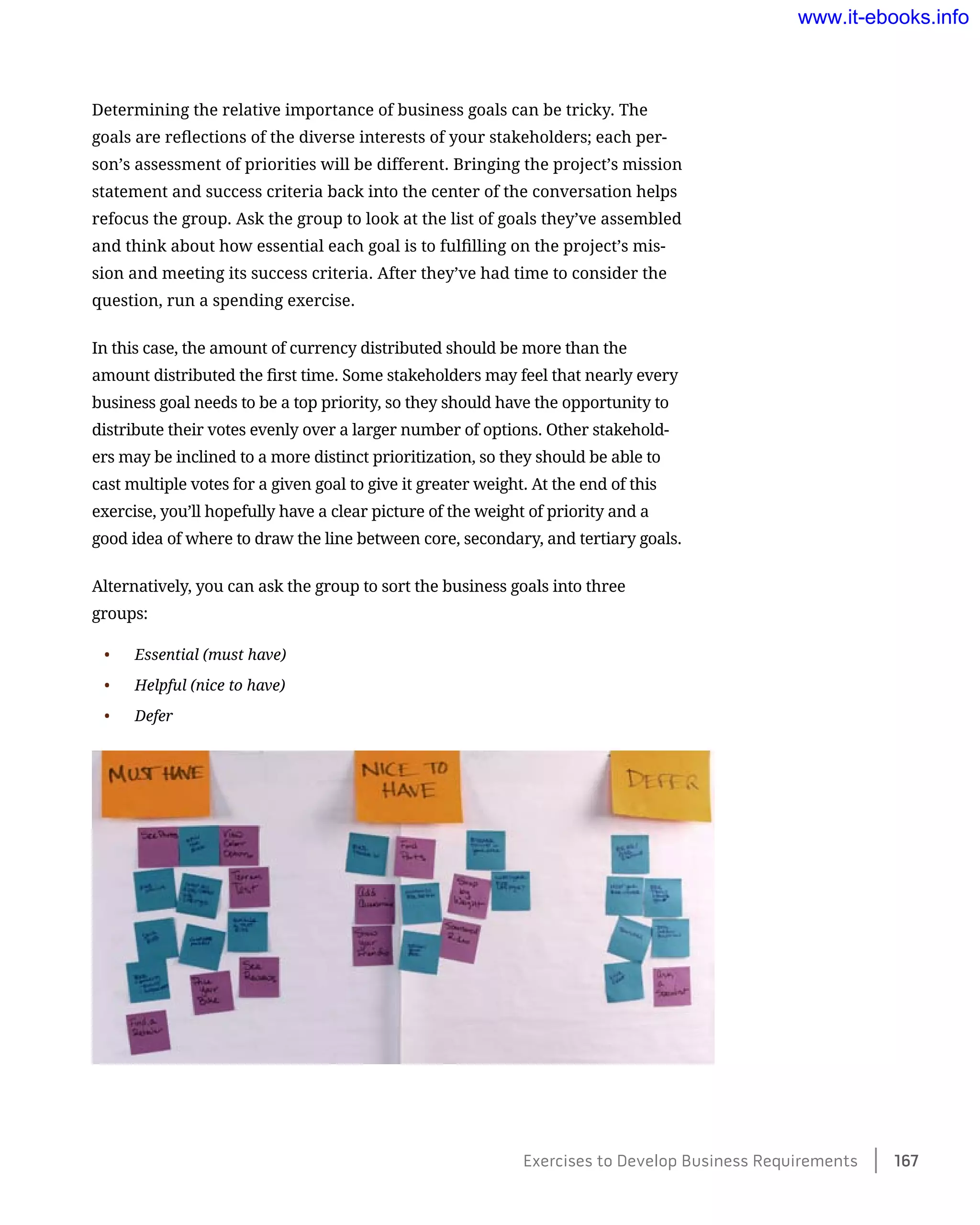 Determining the relative importance of business goals can be tricky. The
goals are reflections of the diverse interests of your stakeholders; each per-
son’s assessment of priorities will be different. Bringing the project’s mission
statement and success criteria back into the center of the conversation helps
refocus the group. Ask the group to look at the list of goals they’ve assembled
and think about how essential each goal is to fulfilling on the project’s mis-
sion and meeting its success criteria. After they’ve had time to consider the
question, run a spending exercise.
In this case, the amount of currency distributed should be more than the
amount distributed the first time. Some stakeholders may feel that nearly every
business goal needs to be a top priority, so they should have the opportunity to
distribute their votes evenly over a larger number of options. Other stakehold-
ers may be inclined to a more distinct prioritization, so they should be able to
cast multiple votes for a given goal to give it greater weight. At the end of this
exercise, you’ll hopefully have a clear picture of the weight of priority and a
good idea of where to draw the line between core, secondary, and tertiary goals.
Alternatively, you can ask the group to sort the business goals into three
groups:
•	 Essential (must have)
•	 Helpful (nice to have)
•	 Defer
Exercises to Develop Business Requirements    167
www.it-ebooks.info
 