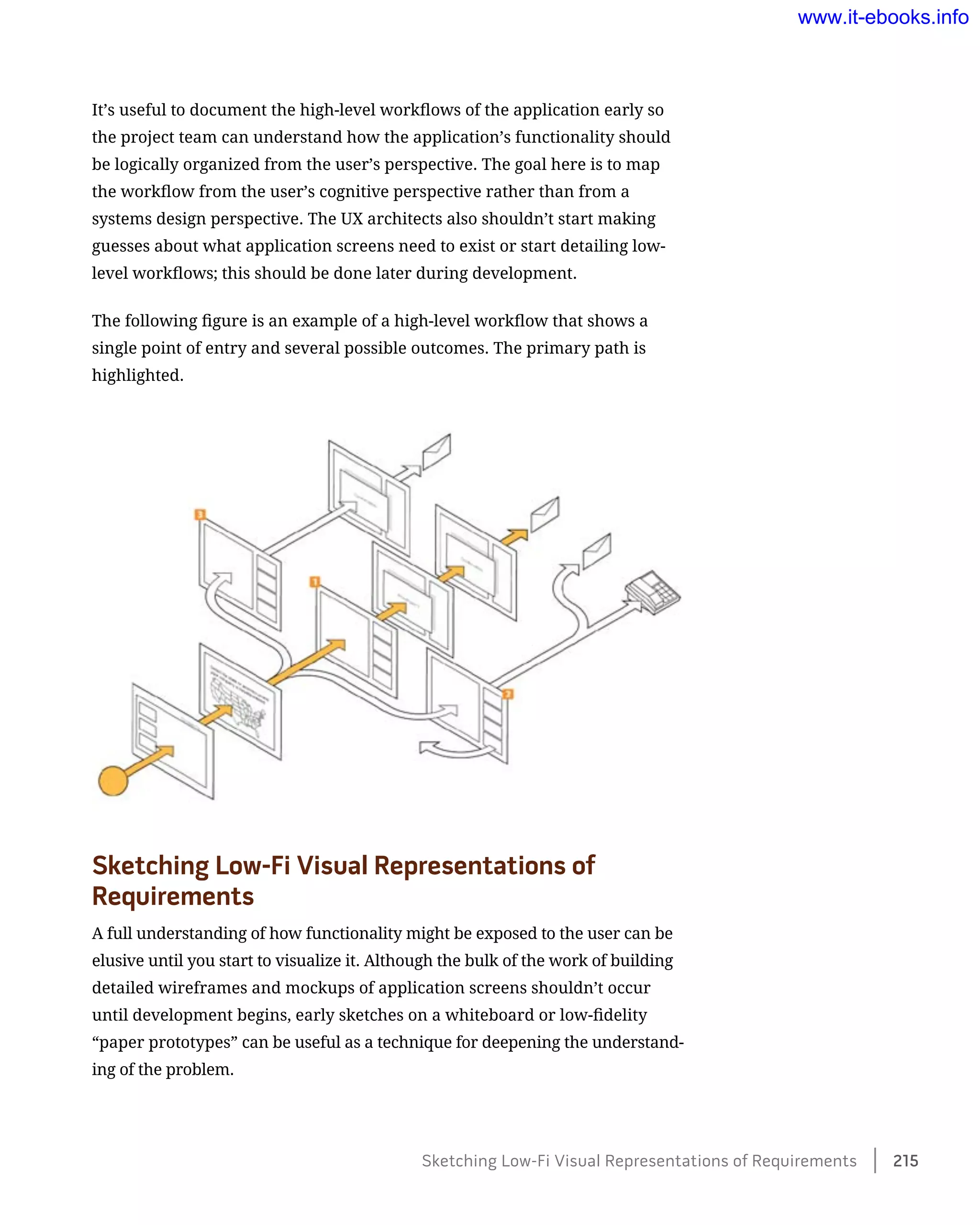 It’s useful to document the high-level workflows of the application early so
the project team can understand how the application’s functionality should
be logically organized from the user’s perspective. The goal here is to map
the workflow from the user’s cognitive perspective rather than from a
systems design perspective. The UX architects also shouldn’t start making
guesses about what application screens need to exist or start detailing low-
level workflows; this should be done later during development.
The following figure is an example of a high-level workflow that shows a
single point of entry and several possible outcomes. The primary path is
highlighted.
Sketching Low-Fi Visual Representations of
Requirements
A full understanding of how functionality might be exposed to the user can be
elusive until you start to visualize it. Although the bulk of the work of building
detailed wireframes and mockups of application screens shouldn’t occur
until development begins, early sketches on a whiteboard or low-fidelity
“paper prototypes” can be useful as a technique for deepening the understand-
ing of the problem.
Sketching Low-Fi Visual Representations of Requirements    215
www.it-ebooks.info
 