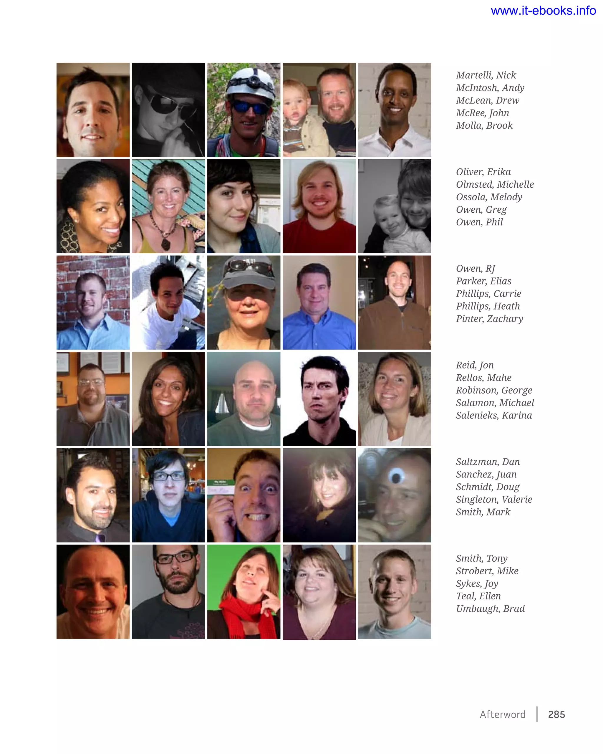 Afterword    285
Martelli, Nick
McIntosh, Andy
McLean, Drew
McRee, John
Molla, Brook
Oliver, Erika
Olmsted, Michelle
Ossola, Melody
Owen, Greg
Owen, Phil
Owen, RJ
Parker, Elias
Phillips, Carrie
Phillips, Heath
Pinter, Zachary
Reid, Jon
Rellos, Mahe
Robinson, George
Salamon, Michael
Salenieks, Karina
Saltzman, Dan
Sanchez, Juan
Schmidt, Doug
Singleton, Valerie
Smith, Mark
Smith, Tony
Strobert, Mike
Sykes, Joy
Teal, Ellen
Umbaugh, Brad
www.it-ebooks.info
 