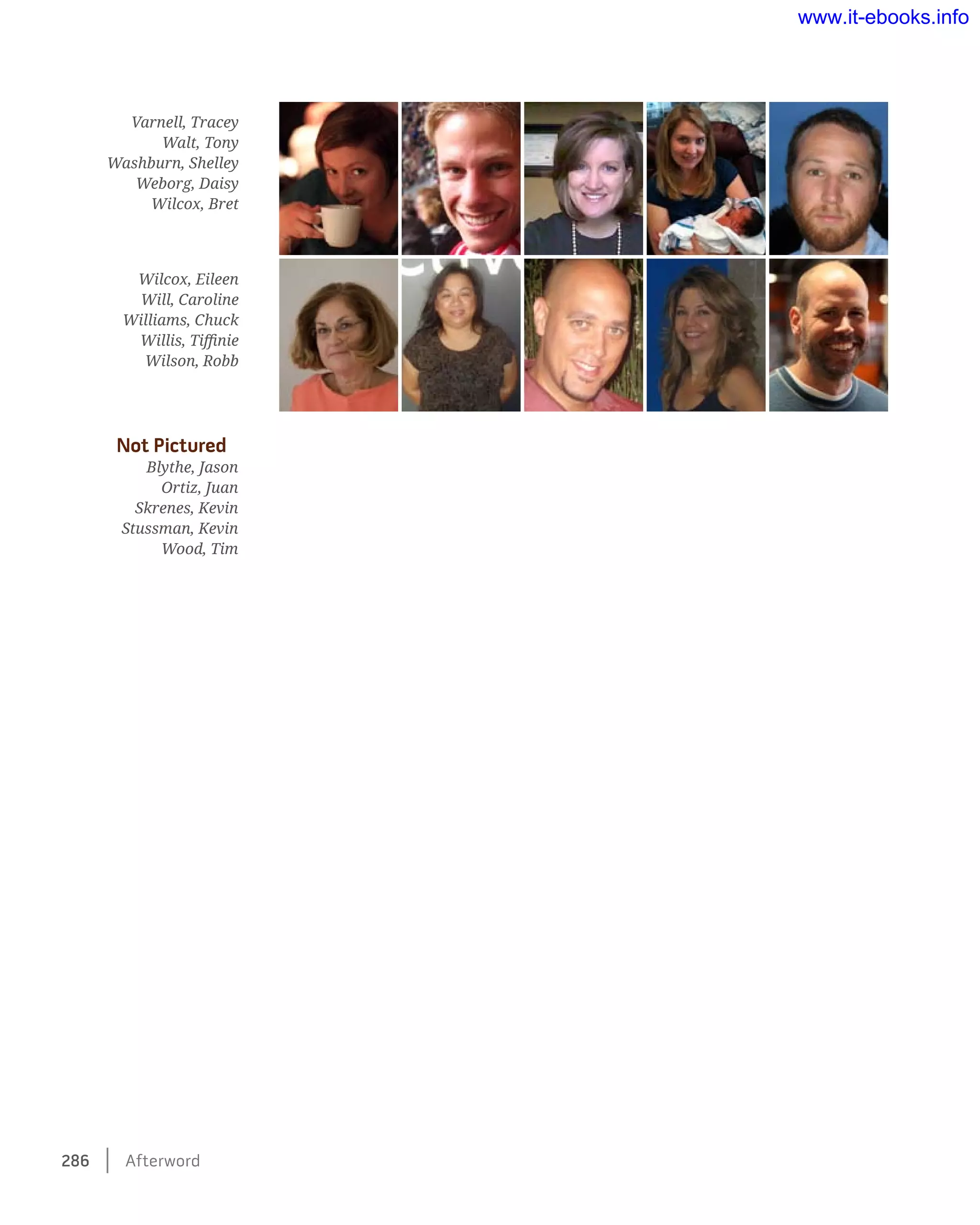 286    Afterword
Varnell, Tracey
Walt, Tony
Washburn, Shelley
Weborg, Daisy
Wilcox, Bret
Wilcox, Eileen
Will, Caroline
Williams, Chuck
Willis, Tiffinie
Wilson, Robb
Not Pictured
Blythe, Jason
Ortiz, Juan
Skrenes, Kevin
Stussman, Kevin
Wood, Tim
www.it-ebooks.info
 