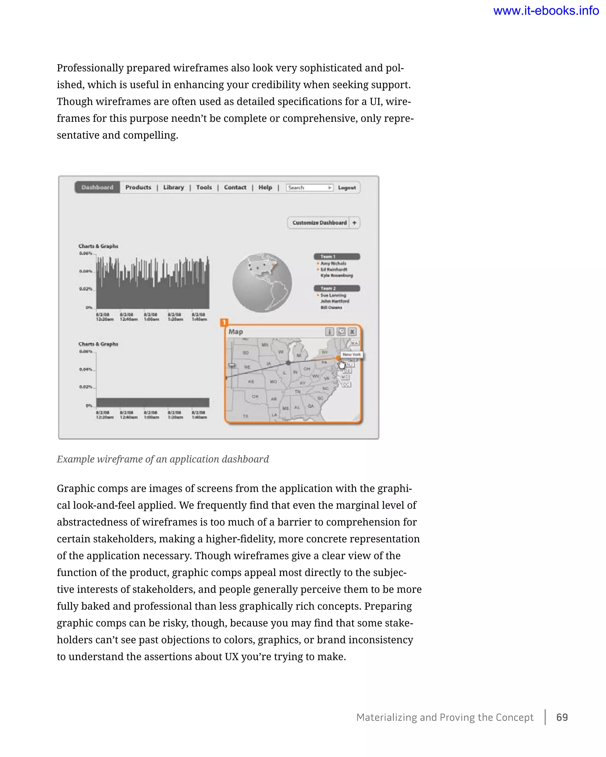 Professionally prepared wireframes also look very sophisticated and pol-
ished, which is useful in enhancing your credibility when seeking support.
Though wireframes are often used as detailed specifications for a UI, wire-
frames for this purpose needn’t be complete or comprehensive, only repre-
sentative and compelling.
Example wireframe of an application dashboard
Graphic comps are images of screens from the application with the graphi-
cal look-and-feel applied. We frequently find that even the marginal level of
abstractedness of wireframes is too much of a barrier to comprehension for
certain stakeholders, making a higher-fidelity, more concrete representation
of the application necessary. Though wireframes give a clear view of the
function of the product, graphic comps appeal most directly to the subjec-
tive interests of stakeholders, and people generally perceive them to be more
fully baked and professional than less graphically rich concepts. Preparing
graphic comps can be risky, though, because you may find that some stake-
holders can’t see past objections to colors, graphics, or brand inconsistency
to understand the assertions about UX you’re trying to make.
Materializing and Proving the Concept    69
www.it-ebooks.info
 
