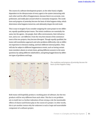 The course of a software development project, on the other hand, is highly
dependent on the idiosyncrasies of every agent in the system interacting with
each other and the effect of happenstance, because there is no accurate, com-
prehensive, and stable plan around which to constantly reorganize. The condi-
tions and progress of yesterday become the basis of what happens today, which
determines what happens tomorrow, and ultimately shapes the end result.
This is easy to imagine if you consider assigning the same project to two differ-
ent, equally qualified project teams. The initial conditions are essentially the
same, but the agents—the people, their office environments, their infrastruc-
ture, and so on—are different. From the very first minute of the commence-
ment of the two projects, they become divergent. Though equally qualified, the
teams will nonetheless approach and solve problems differently, rely on differ-
ent experience in decision making, and have different internal politics. They
will also be subject to different happenstance events, such as having certain
team members absent at certain times, getting different answers to the same
questions by asking different stakeholders, and getting bogged down by differ-
ent types of problems and bugs.
Both teams will hopefully produce a working piece of software, but the two
products will be very different from each other. This fact is not problem-
atic in itself, but is a further indication of how strong a role the inestimable
effects of chance and friction play in the course of a project. In other words,
this is yet another reason why the unknown is such a huge and unavoidable
component of a software project.
The conditions and progress of yesterday become the
basis of what happens today.
Friction in a Complex and Peculiar System    85
www.it-ebooks.info
 