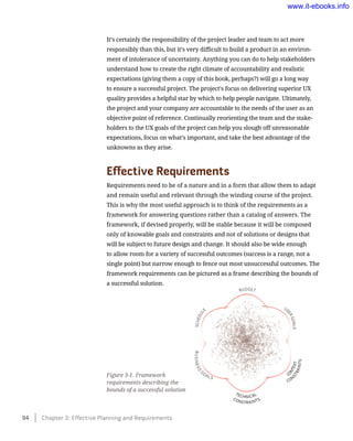 It’s certainly the responsibility of the project leader and team to act more
responsibly than this, but it’s very difficult to build a product in an environ-
ment of intolerance of uncertainty. Anything you can do to help stakeholders
understand how to create the right climate of accountability and realistic
expectations (giving them a copy of this book, perhaps?) will go a long way
to ensure a successful project. The project’s focus on delivering superior UX
quality provides a helpful star by which to help people navigate. Ultimately,
the project and your company are accountable to the needs of the user as an
objective point of reference. Continually reorienting the team and the stake-
holders to the UX goals of the project can help you slough off unreasonable
expectations, focus on what’s important, and take the best advantage of the
unknowns as they arise.
Effective Requirements
Requirements need to be of a nature and in a form that allow them to adapt
and remain useful and relevant through the winding course of the project.
This is why the most useful approach is to think of the requirements as a
framework for answering questions rather than a catalog of answers. The
framework, if devised properly, will be stable because it will be composed
only of knowable goals and constraints and not of solutions or designs that
will be subject to future design and change. It should also be wide enough
to allow room for a variety of successful outcomes (success is a range, not a
single point) but narrow enough to fence out most unsuccessful outcomes. The
framework requirements can be pictured as a frame describing the bounds of
a successful solution.
Figure 3-1. Framework
requirements describing the
bounds of a successful solution
94    Chapter 3: Effective Planning and Requirements
www.it-ebooks.info
 