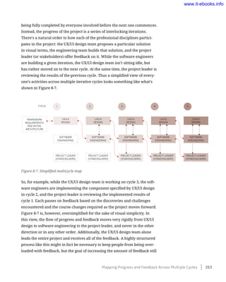 being fully completed by everyone involved before the next one commences.
Instead, the progress of the project is a series of interlocking iterations.
There’s a natural order to how each of the professional disciplines partici-
pates in the project: the UX/UI design team proposes a particular solution
in visual terms, the engineering team builds that solution, and the project
leader (or stakeholders) offer feedback on it. While the software engineers
are building a given iteration, the UX/UI design team isn’t sitting idle, but
has rather moved on to the next cycle. At the same time, the project leader is
reviewing the results of the previous cycle. Thus a simplified view of every-
one’s activities across multiple iterative cycles looks something like what’s
shown in Figure 8-7.
Figure 8-7. Simplified multicycle map
So, for example, while the UX/UI design team is working on cycle 3, the soft-
ware engineers are implementing the component specified by UX/UI design
in cycle 2, and the project leader is reviewing the implemented results of
cycle 1. Each passes on feedback based on the discoveries and challenges
encountered and the course changes required as the project moves forward.
Figure 8-7 is, however, oversimplified for the sake of visual simplicity. In
this view, the flow of progress and feedback moves very rigidly from UX/UI
design to software engineering to the project leader, and never in the other
direction or in any other order. Additionally, the UX/UI design team alone
leads the entire project and receives all of the feedback. A highly structured
process like this might in fact be necessary to keep people from being over-
loaded with feedback, but the goal of increasing the amount of feedback still
Mapping Progress and Feedback Across Multiple Cycles    253
www.it-ebooks.info
 