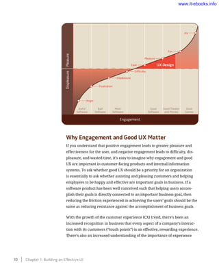 Why Engagement and Good UX Matter
If you understand that positive engagement leads to greater pleasure and
effectiveness for the user, and negative engagement leads to difficulty, dis-
pleasure, and wasted time, it’s easy to imagine why engagement and good
UX are important in customer-facing products and internal information
systems. To ask whether good UX should be a priority for an organization
is essentially to ask whether assisting and pleasing customers and helping
employees to be happy and effective are important goals in business. If a
software product has been well conceived such that helping users accom-
plish their goals is directly connected to an important business goal, then
reducing the friction experienced in achieving the users’ goals should be the
same as reducing resistance against the accomplishment of business goals.
With the growth of the customer experience (CX) trend, there’s been an
increased recognition in business that every aspect of a company’s interac-
tion with its customers (“touch points”) is an effective, rewarding experience.
There’s also an increased understanding of the importance of experience
Engagement
DispleasurePleasure
Anger
Ease
Pleasure
Fun
joy
Frustration
Displeasure
Awful
Software
Bad
Software
Most
Software
Good
Software
Good Theater
and Movies
Good
Games
Difficulty
UX	Design
10    Chapter 1: Building an Effective UI
www.it-ebooks.info
 