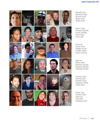 Afterword    285
Martelli, Nick
McIntosh, Andy
McLean, Drew
McRee, John
Molla, Brook
Oliver, Erika
Olmsted, Michelle
Ossola, Melody
Owen, Greg
Owen, Phil
Owen, RJ
Parker, Elias
Phillips, Carrie
Phillips, Heath
Pinter, Zachary
Reid, Jon
Rellos, Mahe
Robinson, George
Salamon, Michael
Salenieks, Karina
Saltzman, Dan
Sanchez, Juan
Schmidt, Doug
Singleton, Valerie
Smith, Mark
Smith, Tony
Strobert, Mike
Sykes, Joy
Teal, Ellen
Umbaugh, Brad
www.it-ebooks.info
 