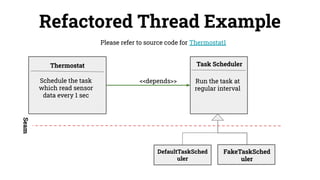 Task Scheduler
Run the task at
regular interval
Refactored Thread Example
<<depends>>
Please refer to source code for Thermostat1
Schedule the task
which read sensor
data every 1 sec
Thermostat
DefaultTaskSched
uler
FakeTaskSched
uler
Seam
 