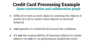 Credit Card Processing Example
Same construction and collaboration graph
● Difﬁcult to test as each object is creating the objects it
needs (it’s ok to create value objects or internal
helpers)
● new operator is scattered all around the codebase
● It’s not the responsibility of business objects to create
objects via new or via getInstance (indirectly new)
 