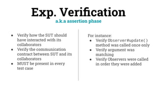 Exp. Veriﬁcation
● Verify how the SUT should
have interacted with its
collaborators
● Verify the communication
contract between SUT and its
collaborators
● MUST be present in every
test case
For instance:
● Verify Observer#update()
method was called once only
● Verify argument was
matching
● Verify Observers were called
in order they were added
a.k.a assertion phase
 