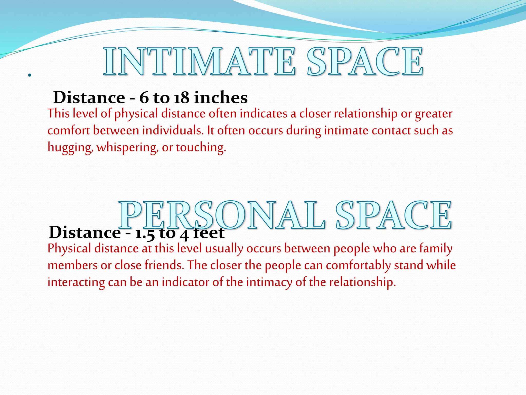 .
Distance - 6 to 18 inches
This level of physical distance often indicates a closer relationship orgreater
comfort between individuals. It often occurs during intimate contact such as
hugging, whispering, or touching.
Distance - 1.5 to 4 feet
Physical distance at this level usually occurs between people who arefamily
members or closefriends. Thecloser the peoplecan comfortably stand while
interacting canbe an indicator of the intimacy of the relationship.
 