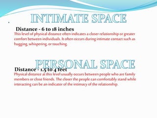 .
Distance - 6 to 18 inches
This level of physical distance often indicates a closer relationship orgreater
comfort between individuals. It often occurs during intimate contact such as
hugging, whispering, or touching.
Distance - 1.5 to 4 feet
Physical distance at this level usually occurs between people who arefamily
members or closefriends. Thecloser the peoplecan comfortably stand while
interacting canbe an indicator of the intimacy of the relationship.
 