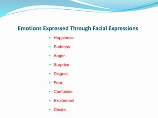 Emotions Expressed Through Facial Expressions
 Happiness
 Sadness
 Anger
 Surprise
 Disgust
 Fear
 Confusion
 Excitement
 Desire
 