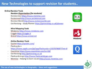 The use of new technologies in Geography – ideas and suggestions
New Technologies to support revision for students..
 