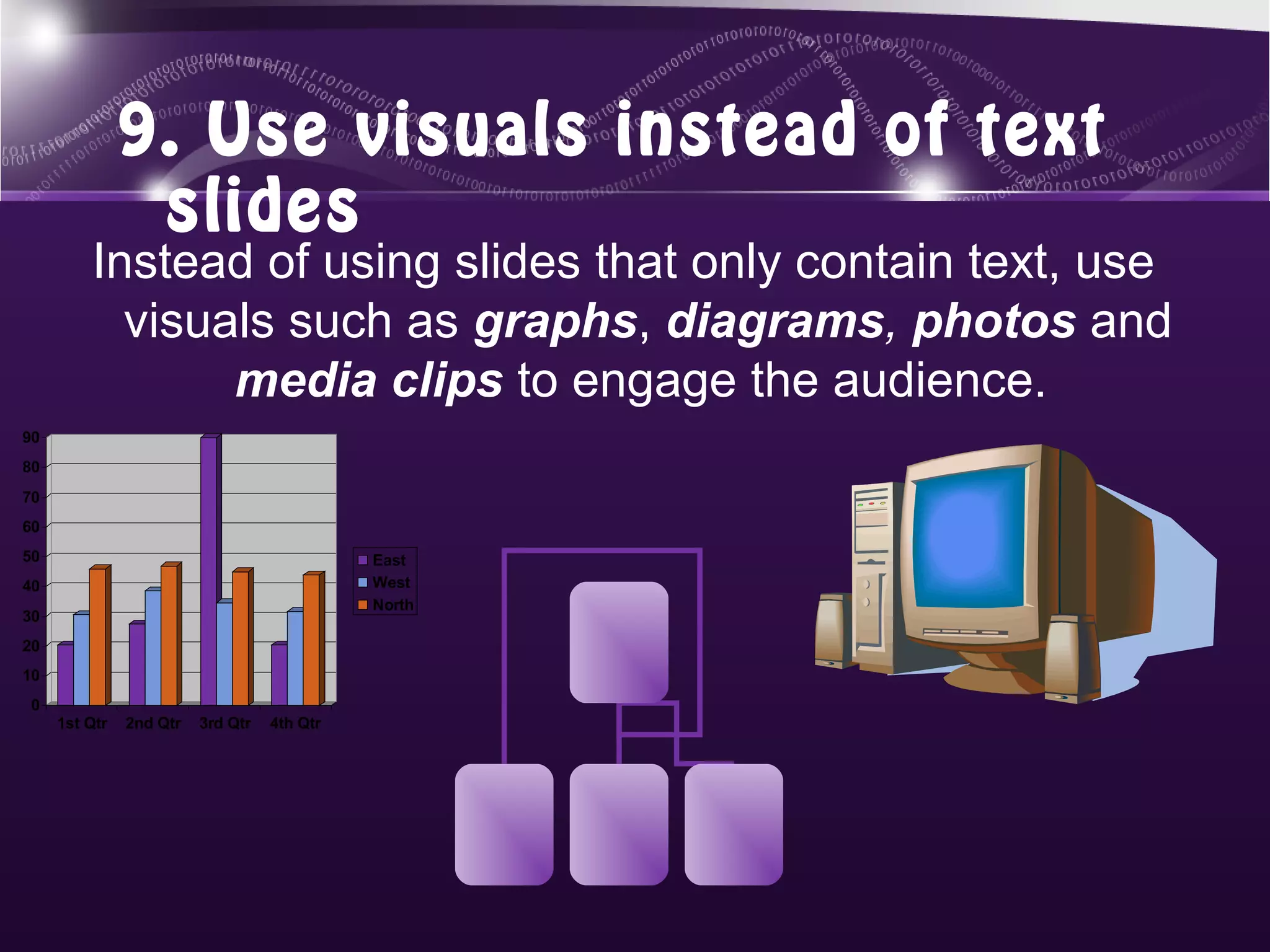9. Use visuals instead of text
                slides
         Instead of using slides that only contain text, use
           visuals such as graphs, diagrams, photos and
                media clips to engage the audience.
90
80
70
60
50                                           East
40                                           West
                                             North
30
20
10
0
     1st Qtr   2nd Qtr   3rd Qtr   4th Qtr
 