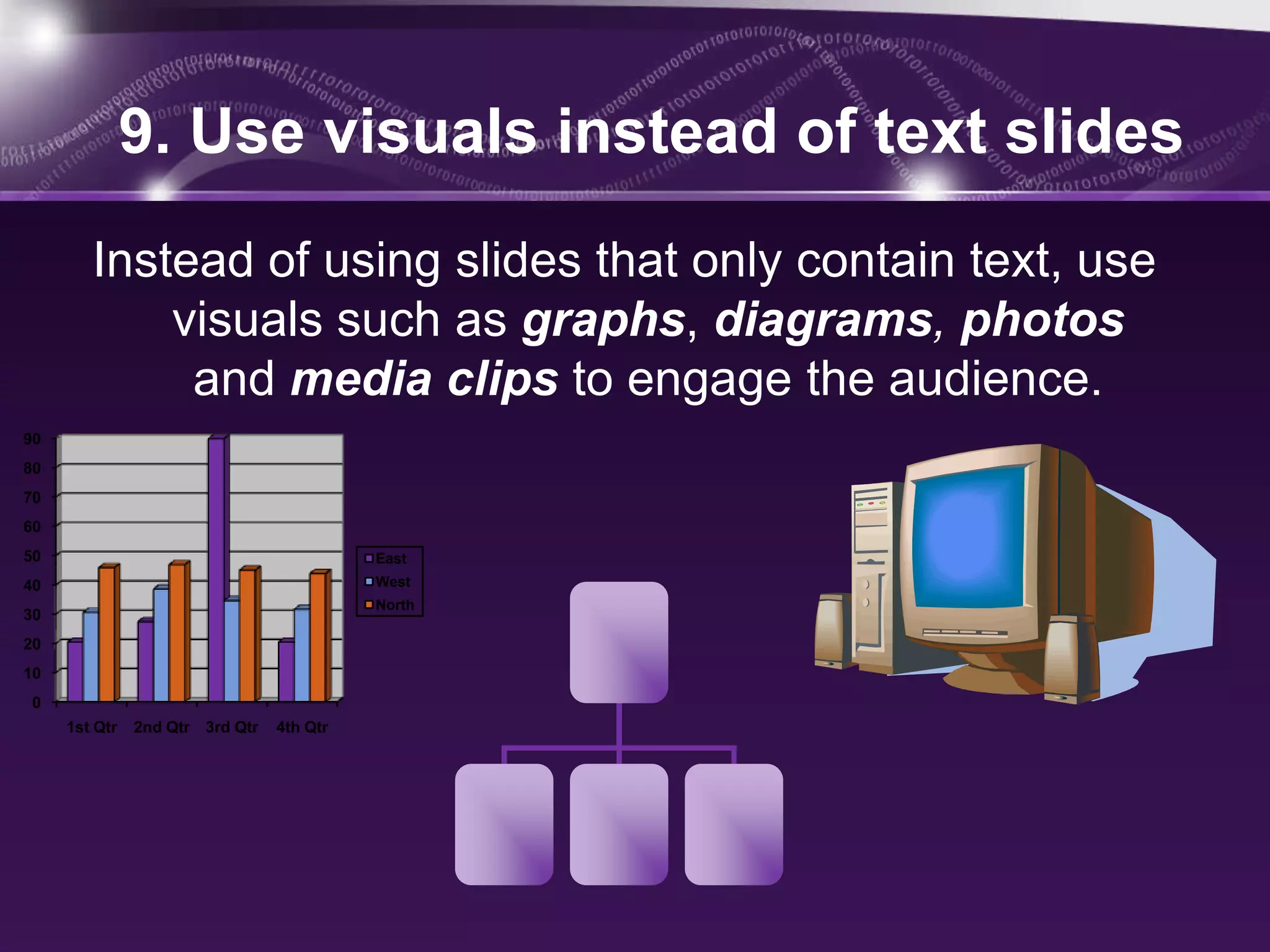 9. Use visuals instead of text slides
        Instead of using slides that only contain text, use
            visuals such as graphs, diagrams, photos
             and media clips to engage the audience.
90
80
70
60
50                                         East
40                                         West
                                           North
30
20
10
 0
     1st Qtr   2nd Qtr 3rd Qtr   4th Qtr
 