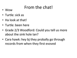 From the chat! Wow Turtle: sick as Ha look at that! Turtle: been here Grade 2/3 Woodford: Could you tell us more about the sink hole Ian? Cara hawk: hey bj they probally go through records from when they first evoved 