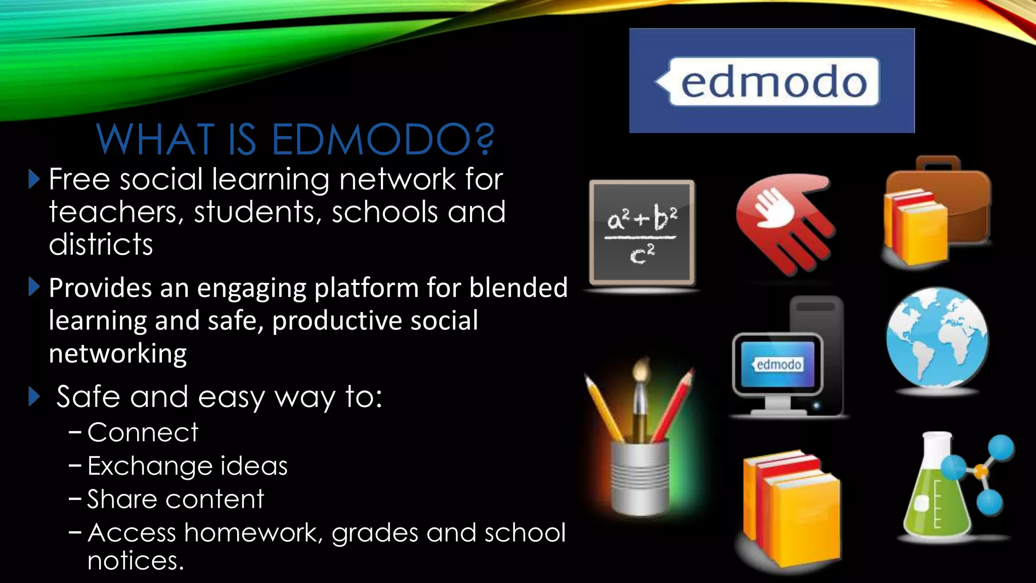 WHAT IS EDMODO?

Free social learning network for
teachers, students, schools and
districts
Provides an engaging platform for blended
learning and safe, productive social
networking
Safe and easy way to:
− Connect
− Exchange ideas
− Share content
− Access homework, grades and school
notices.

 