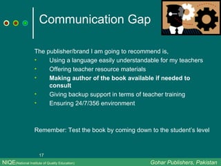Communication Gap The publisher/brand I am going to recommend is, Using a language easily understandable for my teachers Offering teacher resource materials Making author of the book available if needed to consult Giving backup support in terms of teacher training Ensuring 24/7/356 environment Remember: Test the book by coming down to the student’s level NIQE (National Institute of Quality Education)   Gohar Publishers, Pakistan 