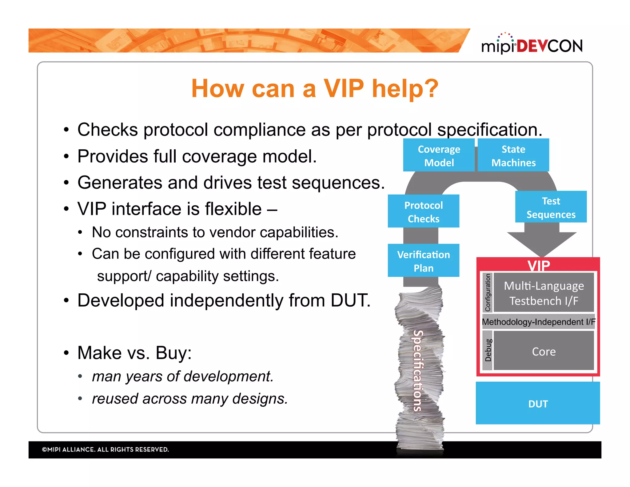 How can a VIP help?
•  Checks protocol compliance as per protocol specification.
•  Provides full coverage model.
•  Generates and drives test sequences.
•  VIP interface is flexible –
•  No constraints to vendor capabilities.
•  Can be configured with different feature
support/ capability settings.
•  Developed independently from DUT.
•  Make vs. Buy:
•  man years of development.
•  reused across many designs.
Test	
Sequences	
State	
Machines	
Protocol	
Checks	
Coverage	
Model	
Veriﬁca)on	
Plan	
ConfigurationDebug	
Methodology-Independent I/F
Mul:-Language	
Testbench	I/F	
Core	
VIP
DUT	
 