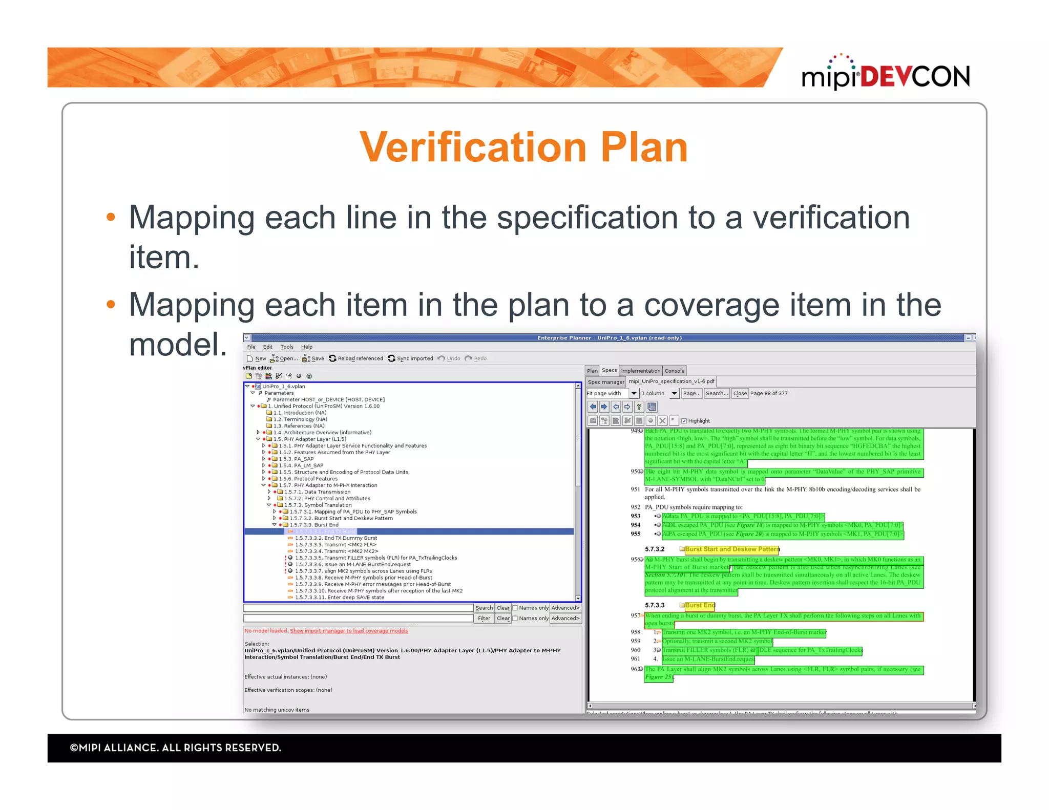 Verification Plan
•  Mapping each line in the specification to a verification
item.
•  Mapping each item in the plan to a coverage item in the
model.
 