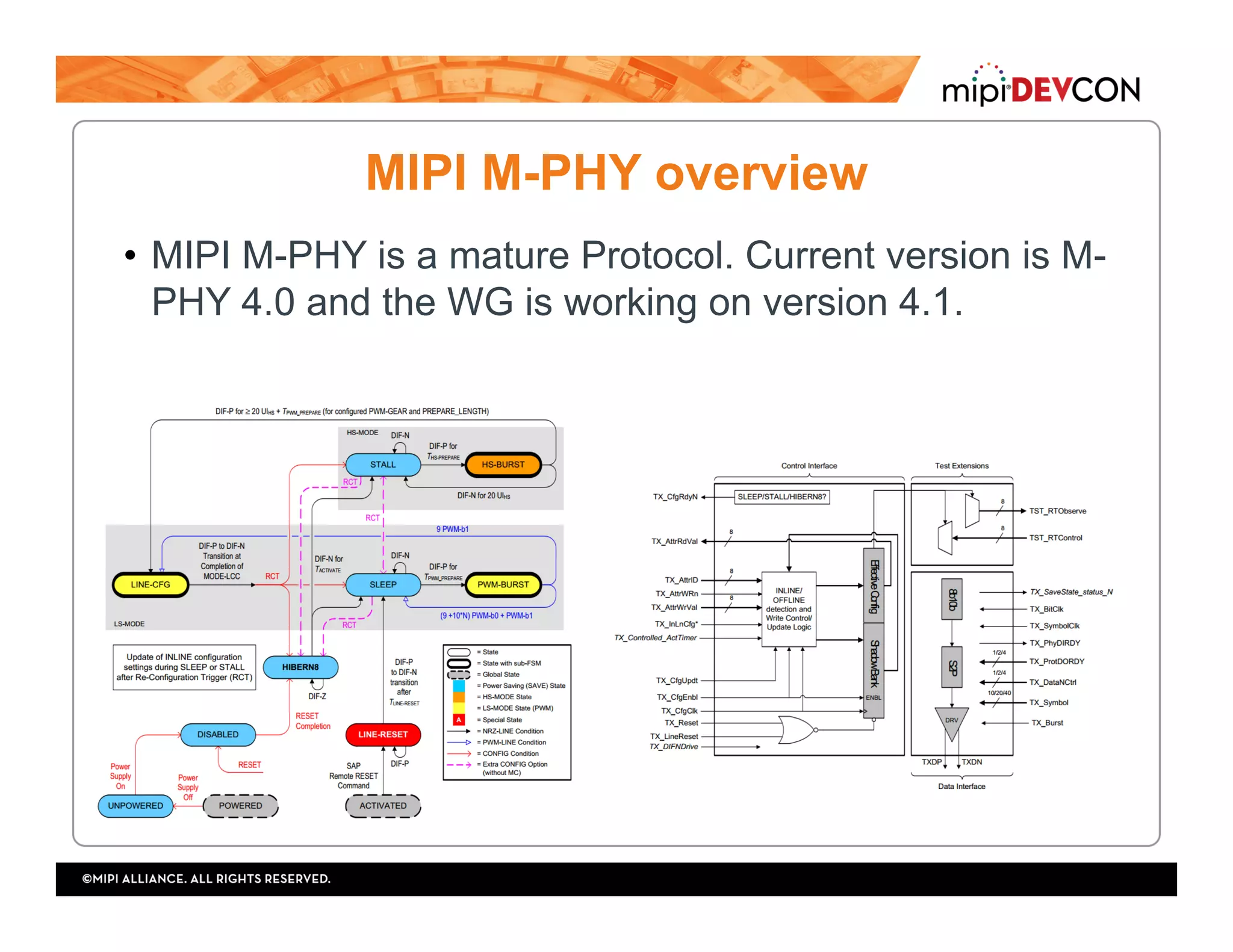 MIPI M-PHY overview
•  MIPI M-PHY is a mature Protocol. Current version is M-
PHY 4.0 and the WG is working on version 4.1.
 