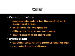 Color Communication appropriate colors for the central and peripheral areas color area vs. weightage difference in chroma and value environment & background Symbolism existing cultural and professional usage connotations in cultures 