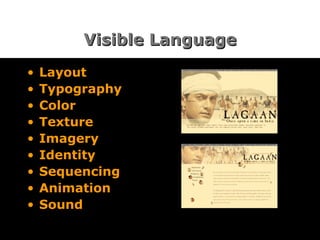 Visible Language Layout Typography Color Texture Imagery Identity Sequencing Animation Sound 
