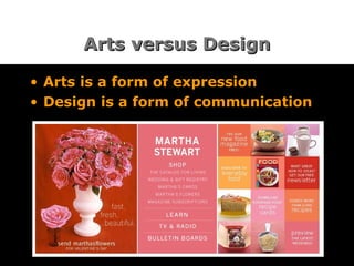 Arts versus Design Arts is a form of expression Design is a form of communication 