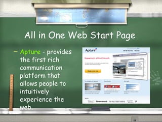 Mini Topics All in One Web Start Page Blogging Books OnLine Brainstorming Browser Plug-Ins Classroom Helpers Classroom Stuff Connections Creative Educational Sites E-Fun E-News For Google Maps and Earth Games Homework Helper Improving Presentations Inputting Text Multimedia Noteworthy Sites OnLine Courses OnLine File Saving Of Note Screen Captures Searching the Web Searching Wikipedia Sharing Simple OnLine Groups Social Learning Networks for Teachers Social Utilities Time Line Creators Video Resources Virtual Conferencing Web Office WhiteBoard and Add On 