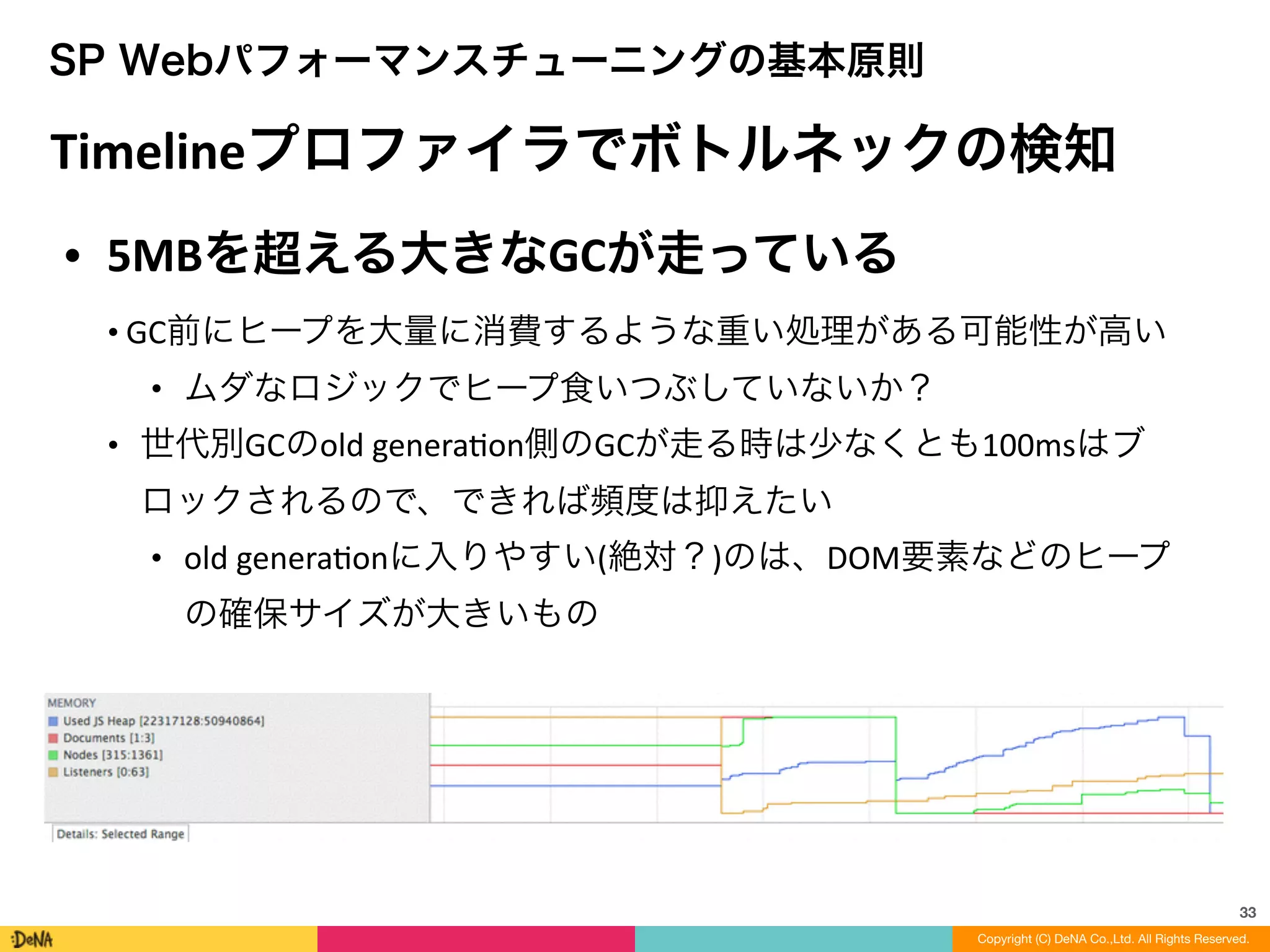 33
SP Webパフォーマンスチューニングの基本原則
Timelineプロファイラでボトルネックの検知
• 5MBを超える大きなGCが走っている	
  
• GC前にヒープを大量に消費するような重い処理がある可能性が高い	
  
• ムダなロジックでヒープ食いつぶしていないか？	
  
• 世代別GCのold	
  generaLon側のGCが走る時は少なくとも100msはブ
ロックされるので、できれば頻度は抑えたい	
  
• old	
  generaLonに入りやすい(絶対？)のは、DOM要素などのヒープ
の確保サイズが大きいもの
Copyright (C) DeNA Co.,Ltd. All Rights Reserved.
 