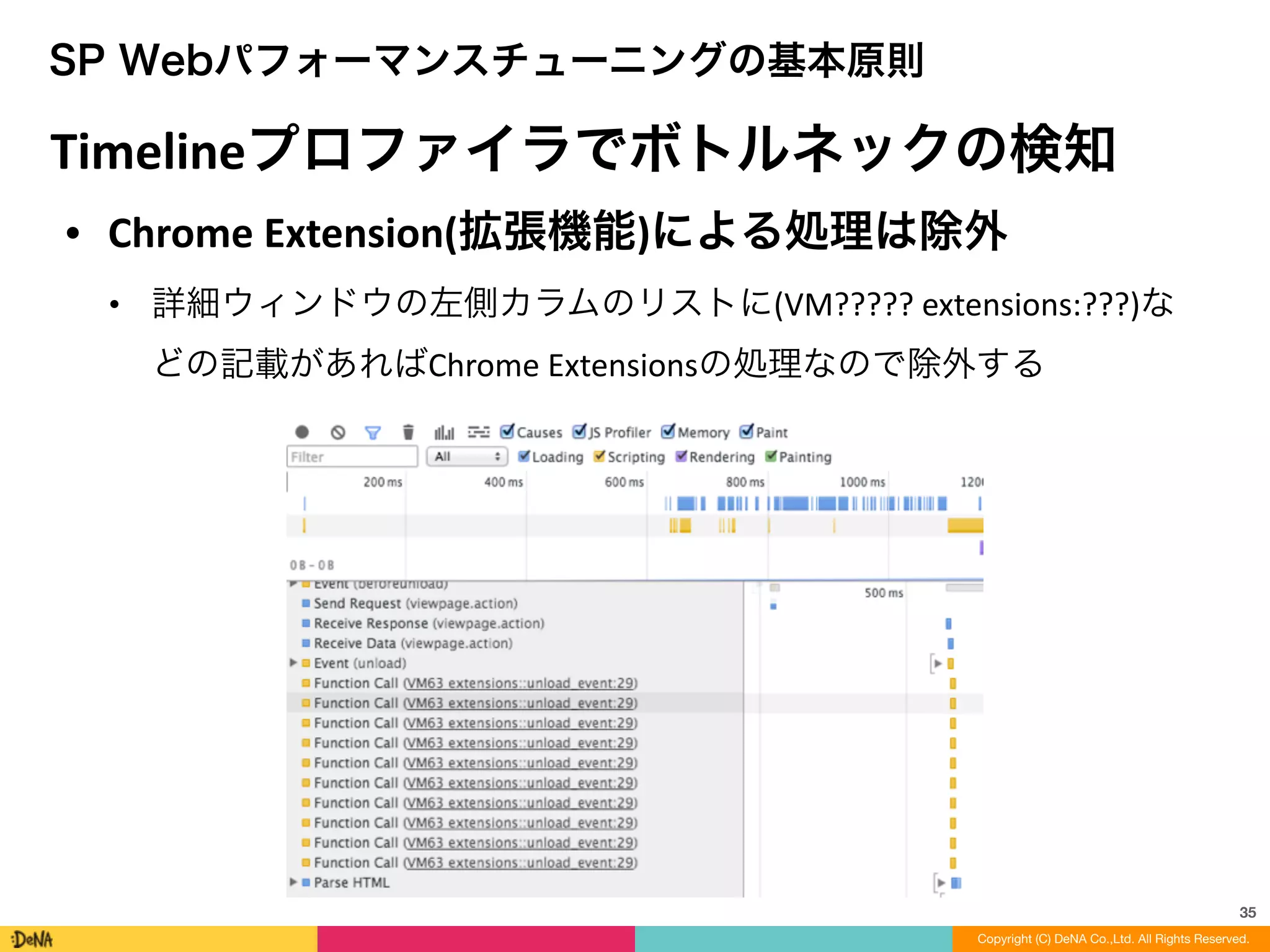 35
SP Webパフォーマンスチューニングの基本原則
Timelineプロファイラでボトルネックの検知
• Chrome	
  Extension(拡張機能)による処理は除外	
  
• 詳細ウィンドウの左側カラムのリストに(VM?????	
  extensions:???)な
どの記載があればChrome	
  Extensionsの処理なので除外する
Copyright (C) DeNA Co.,Ltd. All Rights Reserved.
 