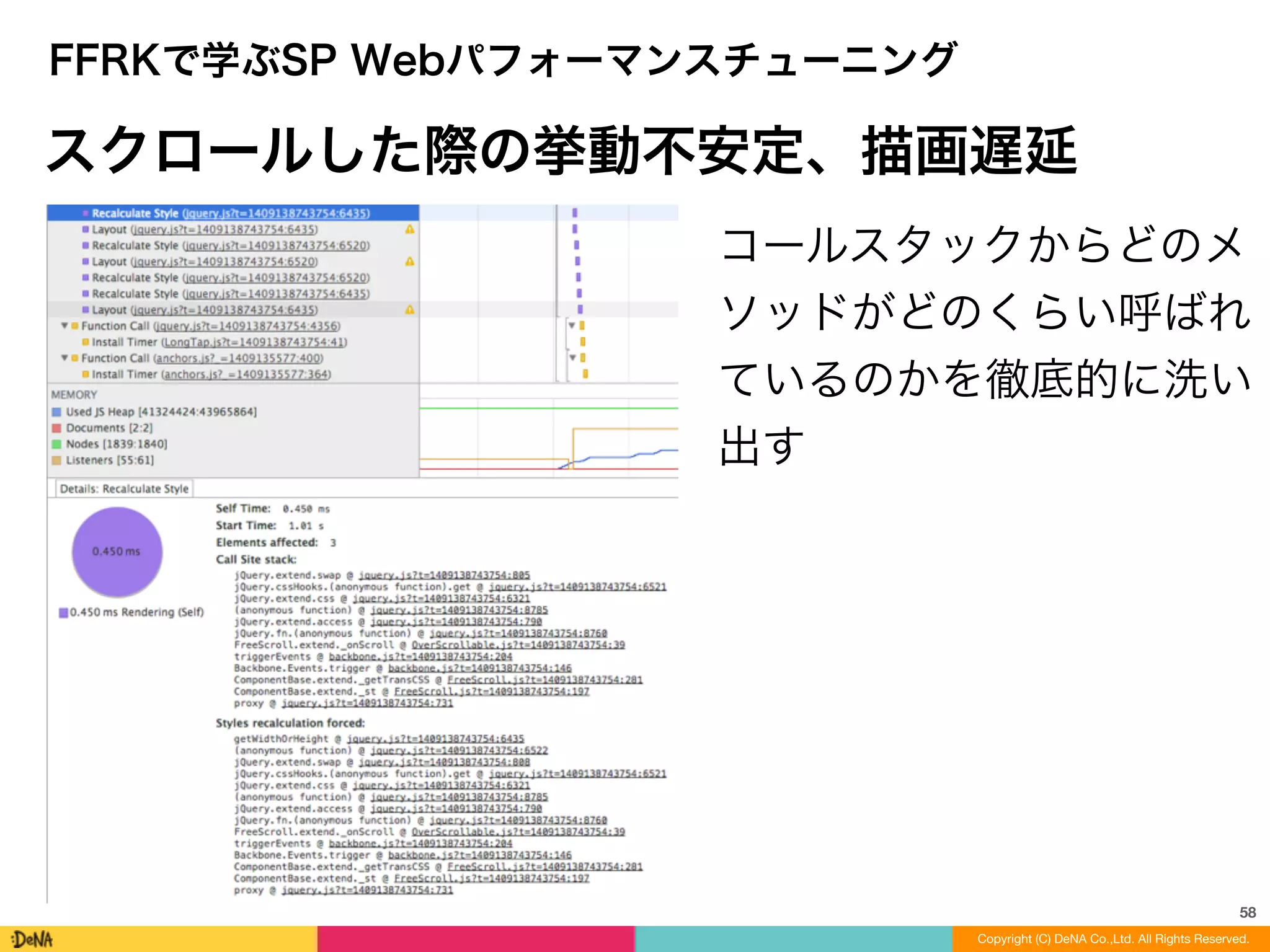 58
Copyright (C) DeNA Co.,Ltd. All Rights Reserved.
FFRKで学ぶSP Webパフォーマンスチューニング
スクロールした際の挙動不安定、描画遅延
コールスタックからどのメ
ソッドがどのくらい呼ばれ
ているのかを徹底的に洗い
出す
 