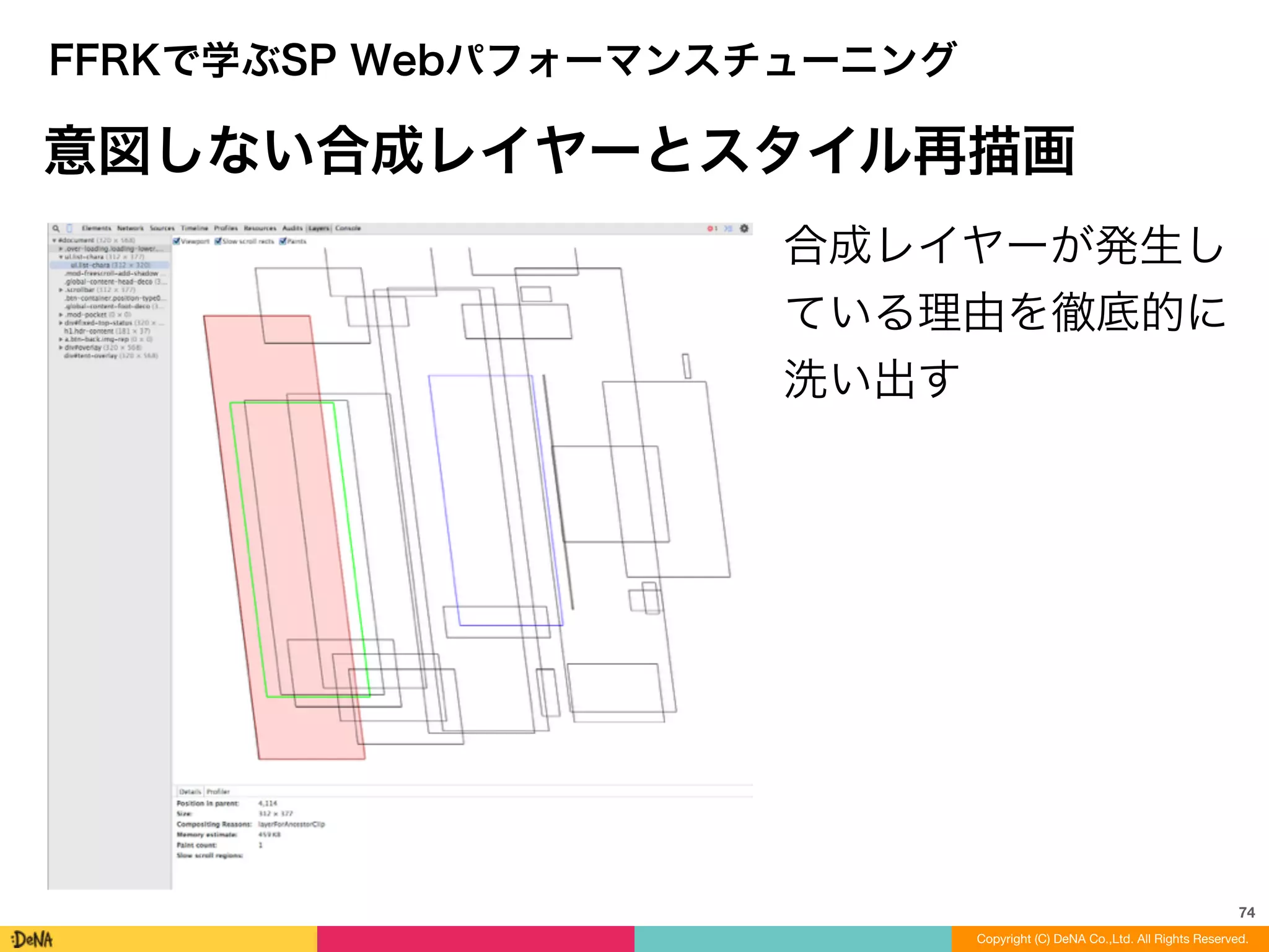 74
Copyright (C) DeNA Co.,Ltd. All Rights Reserved.
FFRKで学ぶSP Webパフォーマンスチューニング
意図しない合成レイヤーとスタイル再描画
合成レイヤーが発生し
ている理由を徹底的に
洗い出す
 