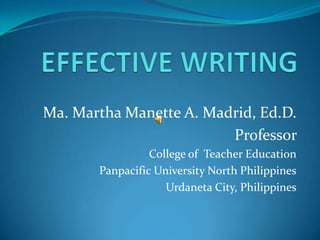 Ma. Martha Manette A. Madrid, Ed.D.
                         Professor
                 College of Teacher Education
       Panpacific University North Philippines
                    Urdaneta City, Philippines
 