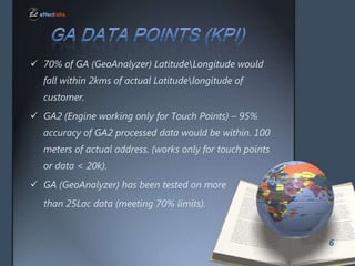? 70% of GA (GeoAnalyzer) LatitudeLongitude would
fall within 2kms of actual Latitudelongitude of

customer.
? GA2 (Engine working only for Touch Points) C 95%
accuracy of GA2 processed data would be within. 100
meters of actual address. (works only for touch points
or data < 20k).
? GA (GeoAnalyzer) has been tested on more
than 25Lac data (meeting 70% limits).

6

 