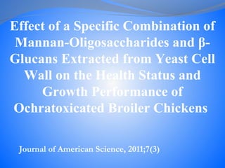 Effect of a Specific Combination of
Mannan-Oligosaccharides and β-
Glucans Extracted from Yeast Cell
Wall on the Health Status and
Growth Performance of
Ochratoxicated Broiler Chickens
Journal of American Science, 2011;7(3)
 