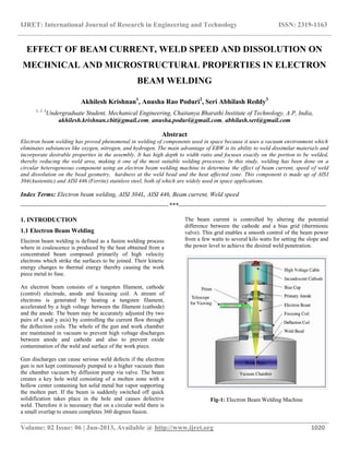 IJRET: International Journal of Research in Engineering and Technology ISSN: 2319-1163
__________________________________________________________________________________________
Volume: 02 Issue: 06 | Jun-2013, Available @ http://www.ijret.org 1020
EFFECT OF BEAM CURRENT, WELD SPEED AND DISSOLUTION ON
MECHNICAL AND MICROSTRUCTURAL PROPERTIES IN ELECTRON
BEAM WELDING
Akhilesh Krishnan1
, Anusha Rao Poduri2
, Seri Abhilash Reddy3
1, 2, 3
Undergraduate Student, Mechanical Engineering, Chaitanya Bharathi Institute of Technology, A.P, India,
akhilesh.krishnan.cbit@gmail.com, anusha.poduri@gmail.com, abhilash.seri@gmail.com
Abstract
Electron beam welding has proved phenomenal in welding of components used in space because it uses a vacuum environment which
eliminates substances like oxygen, nitrogen, and hydrogen. The main advantage of EBW is its ability to weld dissimilar materials and
incorporate desirable properties in the assembly. It has high depth to width ratio and focuses exactly on the portion to be welded,
thereby reducing the weld area, making it one of the most suitable welding processes. In this study, welding has been done on a
circular heterogeneous component using an electron beam welding machine to determine the effect of beam current, speed of weld
and dissolution on the bead geometry, hardness at the weld bead and the heat affected zone. This component is made up of AISI
304(Austenitic) and AISI 446 (Ferrite) stainless steel, both of which are widely used in space applications.
Index Terms: Electron beam welding, AISI 304L, AISI 446, Beam current, Weld speed
-----------------------------------------------------------------------***-----------------------------------------------------------------------
1. INTRODUCTION
1.1 Electron Beam Welding
Electron beam welding is defined as a fusion welding process
where in coalescence is produced by the heat obtained from a
concentrated beam composed primarily of high velocity
electrons which strike the surfaces to be joined. Their kinetic
energy changes to thermal energy thereby causing the work
piece metal to fuse.
An electron beam consists of a tungsten filament, cathode
(control) electrode, anode and focusing coil. A stream of
electrons is generated by heating a tungsten filament,
accelerated by a high voltage between the filament (cathode)
and the anode. The beam may be accurately adjusted (by two
pairs of x and y axis) by controlling the current flow through
the deflection coils. The whole of the gun and work chamber
are maintained in vacuum to prevent high voltage discharges
between anode and cathode and also to prevent oxide
contamination of the weld and surface of the work piece.
Gun discharges can cause serious weld defects if the electron
gun is not kept continuously pumped to a higher vacuum than
the chamber vacuum by diffusion pump via valve. The beam
creates a key hole weld consisting of a molten zone with a
hollow center containing hot solid metal but vapor supporting
the molten part. If the beam is suddenly switched off quick
solidification takes place in the hole and causes defective
weld. Therefore it is necessary that on a circular weld there is
a small overlap to ensure completes 360 degrees fusion.
The beam current is controlled by altering the potential
difference between the cathode and a bias grid (thermionic
valve). This grid enables a smooth control of the beam power
from a few watts to several kilo watts for setting the slope and
the power level to achieve the desired weld penetration.
Fig-1: Electron Beam Welding Machine
 