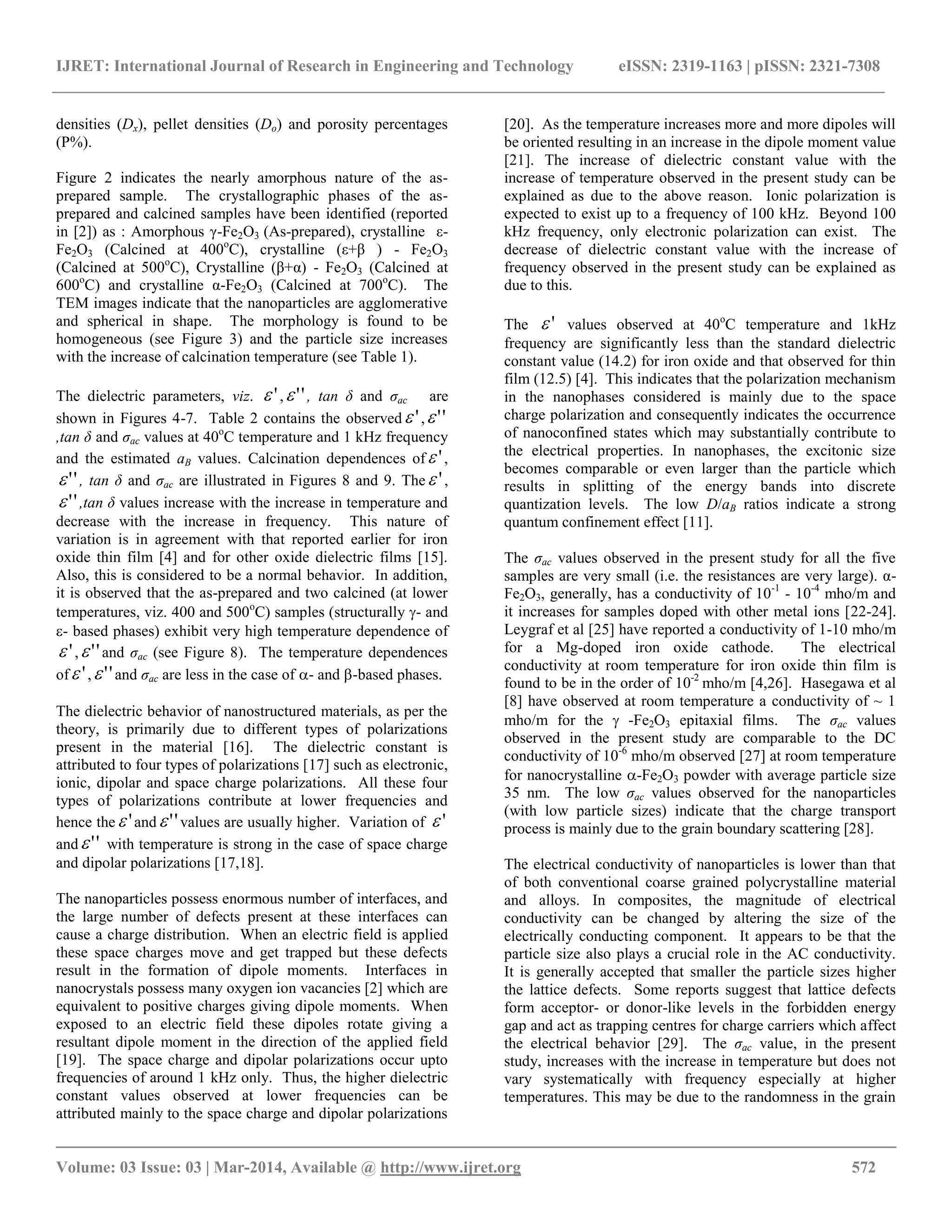 IJRET: International Journal of Research in Engineering and Technology eISSN: 2319-1163 | pISSN: 2321-7308
__________________________________________________________________________________________
Volume: 03 Issue: 03 | Mar-2014, Available @ http://www.ijret.org 572
densities (Dx), pellet densities (Do) and porosity percentages
(P%).
Figure 2 indicates the nearly amorphous nature of the as-
prepared sample. The crystallographic phases of the as-
prepared and calcined samples have been identified (reported
in [2]) as : Amorphous γ-Fe2O3 (As-prepared), crystalline ε-
Fe2O3 (Calcined at 400o
C), crystalline (ε+β ) - Fe2O3
(Calcined at 500o
C), Crystalline (β+α) - Fe2O3 (Calcined at
600o
C) and crystalline α-Fe2O3 (Calcined at 700o
C). The
TEM images indicate that the nanoparticles are agglomerative
and spherical in shape. The morphology is found to be
homogeneous (see Figure 3) and the particle size increases
with the increase of calcination temperature (see Table 1).
The dielectric parameters, viz. ' , '' , tan δ and ζac are
shown in Figures 4-7. Table 2 contains the observed ' , ''
,tan δ and ζac values at 40o
C temperature and 1 kHz frequency
and the estimated aB values. Calcination dependences of ' ,
'' , tan δ and ζac are illustrated in Figures 8 and 9. The ' ,
'' ,tan δ values increase with the increase in temperature and
decrease with the increase in frequency. This nature of
variation is in agreement with that reported earlier for iron
oxide thin film [4] and for other oxide dielectric films [15].
Also, this is considered to be a normal behavior. In addition,
it is observed that the as-prepared and two calcined (at lower
temperatures, viz. 400 and 500o
C) samples (structurally - and
- based phases) exhibit very high temperature dependence of
' , '' and ζac (see Figure 8). The temperature dependences
of ' , '' and ζac are less in the case of - and -based phases.
The dielectric behavior of nanostructured materials, as per the
theory, is primarily due to different types of polarizations
present in the material [16]. The dielectric constant is
attributed to four types of polarizations [17] such as electronic,
ionic, dipolar and space charge polarizations. All these four
types of polarizations contribute at lower frequencies and
hence the ' and '' values are usually higher. Variation of '
and '' with temperature is strong in the case of space charge
and dipolar polarizations [17,18].
The nanoparticles possess enormous number of interfaces, and
the large number of defects present at these interfaces can
cause a charge distribution. When an electric field is applied
these space charges move and get trapped but these defects
result in the formation of dipole moments. Interfaces in
nanocrystals possess many oxygen ion vacancies [2] which are
equivalent to positive charges giving dipole moments. When
exposed to an electric field these dipoles rotate giving a
resultant dipole moment in the direction of the applied field
[19]. The space charge and dipolar polarizations occur upto
frequencies of around 1 kHz only. Thus, the higher dielectric
constant values observed at lower frequencies can be
attributed mainly to the space charge and dipolar polarizations
[20]. As the temperature increases more and more dipoles will
be oriented resulting in an increase in the dipole moment value
[21]. The increase of dielectric constant value with the
increase of temperature observed in the present study can be
explained as due to the above reason. Ionic polarization is
expected to exist up to a frequency of 100 kHz. Beyond 100
kHz frequency, only electronic polarization can exist. The
decrease of dielectric constant value with the increase of
frequency observed in the present study can be explained as
due to this.
The ' values observed at 40o
C temperature and 1kHz
frequency are significantly less than the standard dielectric
constant value (14.2) for iron oxide and that observed for thin
film (12.5) [4]. This indicates that the polarization mechanism
in the nanophases considered is mainly due to the space
charge polarization and consequently indicates the occurrence
of nanoconfined states which may substantially contribute to
the electrical properties. In nanophases, the excitonic size
becomes comparable or even larger than the particle which
results in splitting of the energy bands into discrete
quantization levels. The low D/aB ratios indicate a strong
quantum confinement effect [11].
The ζac values observed in the present study for all the five
samples are very small (i.e. the resistances are very large). α-
Fe2O3, generally, has a conductivity of 10-1
- 10-4
mho/m and
it increases for samples doped with other metal ions [22-24].
Leygraf et al [25] have reported a conductivity of 1-10 mho/m
for a Mg-doped iron oxide cathode. The electrical
conductivity at room temperature for iron oxide thin film is
found to be in the order of 10-2
mho/m [4,26]. Hasegawa et al
[8] have observed at room temperature a conductivity of ~ 1
mho/m for the  -Fe2O3 epitaxial films. The ζac values
observed in the present study are comparable to the DC
conductivity of 10-6
mho/m observed [27] at room temperature
for nanocrystalline -Fe2O3 powder with average particle size
35 nm. The low ζac values observed for the nanoparticles
(with low particle sizes) indicate that the charge transport
process is mainly due to the grain boundary scattering [28].
The electrical conductivity of nanoparticles is lower than that
of both conventional coarse grained polycrystalline material
and alloys. In composites, the magnitude of electrical
conductivity can be changed by altering the size of the
electrically conducting component. It appears to be that the
particle size also plays a crucial role in the AC conductivity.
It is generally accepted that smaller the particle sizes higher
the lattice defects. Some reports suggest that lattice defects
form acceptor- or donor-like levels in the forbidden energy
gap and act as trapping centres for charge carriers which affect
the electrical behavior [29]. The ζac value, in the present
study, increases with the increase in temperature but does not
vary systematically with frequency especially at higher
temperatures. This may be due to the randomness in the grain
 
