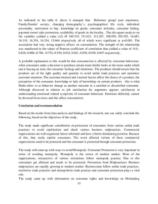 As indicated in the table 6. above it emerged that Reference group/ past experience,
Family/friends/ society, changing demography’s, psychographics/ life style, individual
personality, motivation to buy, knowledge on goods, consumer attitudes, consumer feeling,
payment terms/ sales promotion, availability of goods in the locality . The chi-square analysis on
the variables yielded a value (x2) 0f 340.310, 331.621, 312.267, 308.959, 305.592, 16.687,
16.119, 16.354, 16.354, 15.664 respectively all of which were significant at p<0.001. The
association had very strong negative effects on consumerism. The strength of the relationship
was manifested in the values of Pearson coefficient of correlation that yielded a value of -0.9,-
0.828,-0.806,-0.788, -0.752,-0.530, 0.034, 0.041, 0.038, 0.038, 0.047 respectively.

A probable explanation to this would be that consumerism is affected by consumer behaviour,
when consumers make a decision to purchase certain items he/she looks at the terms under which
one is buying an item, the consumer feelings and intentions. The producer should ensure that the
products are of the right quality and quantity to avoid unfair trade practices and maximize
customer retention. The customer internal and external factors affect the choice of a product, the
perception of the consumer, knowledge or lack of knowledge on certain products this is what
Hulin refers to as behavior change as another outcome in a satisfied or dissatisfied consumer.
Although discussed in relation to job satisfaction his arguments appears satisfactory in
understanding emotional related symptoms of consumer behaviour. Emotions definitely cannot
be divorced from stress and this affect consumerism

Conclusion and recommendation

Based on the results from data analysis and findings of the research, one can safely conclude the
following, based on the objectives of the study;

The study made significant contribution on protection of consumers from various unfair trade
practices to avoid exploitation and check various business malpractices. Commercial
organizations are well organized, better informed and have a better dominating position. Because
of this, they easily exploit consumers. The worst affected victims of these commercial
organizations need to be protected and the consumer is protected through consumer protection.

The study will come up with ways to avoid M onopoly: Consumer Protection is very important in
terms of avoiding monopoly. M onopoly is the crown of modern market. M ost of the
organizations, irrespective of various restrictions follow monopoly practice. Due to this
consumers get affected and needs to be protected. Prevention from M alpractices: Business
malpractices are rapidly growing in modern market. Businessmen follow unfair trade practices,
restrictive trade practices and monopolistic trade practice and consumer protection plays a vital
role.
The study came up with information on consumer rights and knowledge on M isleading
                                               13
 