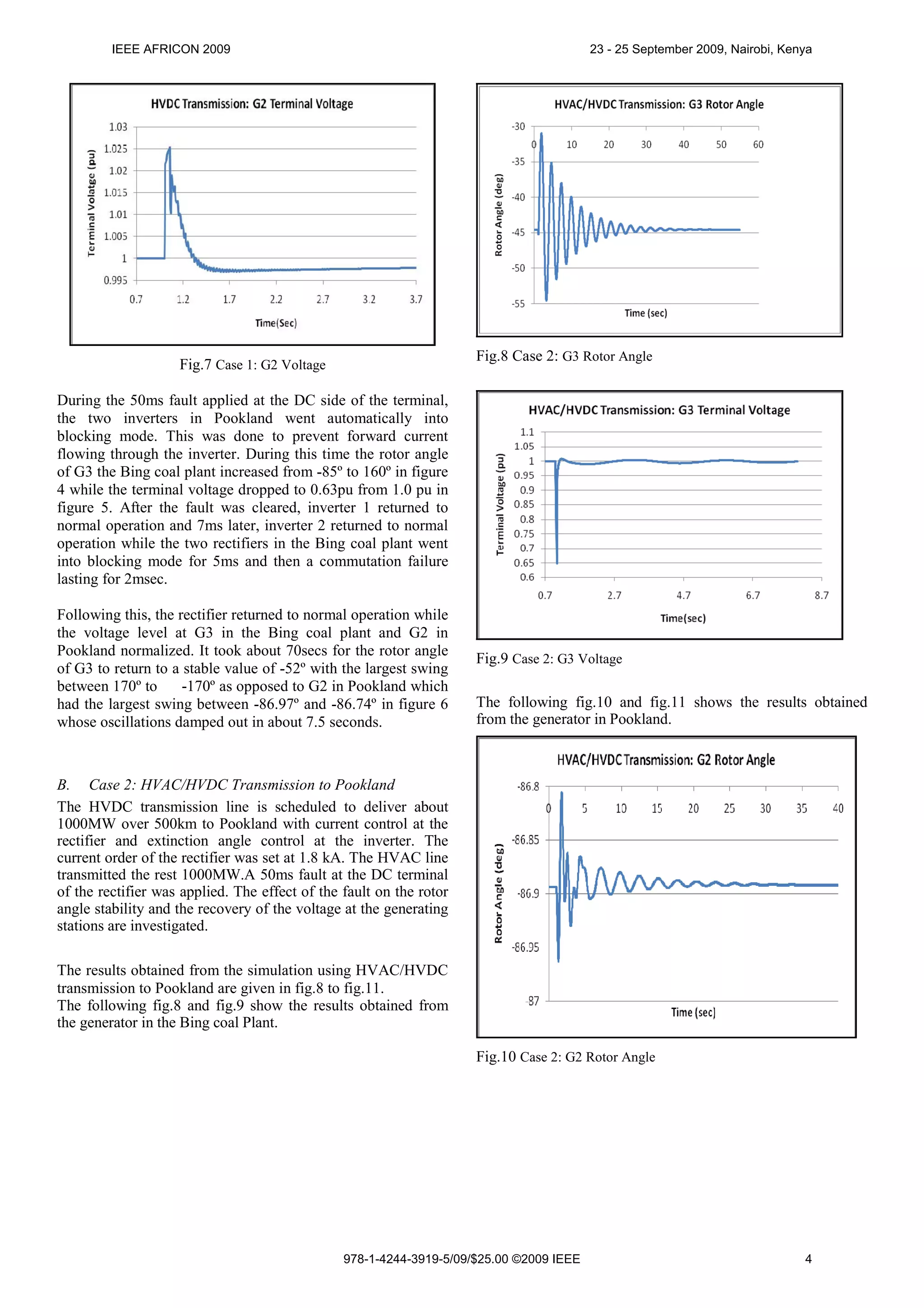 IEEE AFRICON 2009

23 - 25 September 2009, Nairobi, Kenya

Fig.8 Case 2: G3 Rotor Angle

Fig.7 Case 1: G2 Voltage
During the 50ms fault applied at the DC side of the terminal,
the two inverters in Pookland went automatically into
blocking mode. This was done to prevent forward current
flowing through the inverter. During this time the rotor angle
of G3 the Bing coal plant increased from -85º to 160º in figure
4 while the terminal voltage dropped to 0.63pu from 1.0 pu in
figure 5. After the fault was cleared, inverter 1 returned to
normal operation and 7ms later, inverter 2 returned to normal
operation while the two rectifiers in the Bing coal plant went
into blocking mode for 5ms and then a commutation failure
lasting for 2msec.
Following this, the rectifier returned to normal operation while
the voltage level at G3 in the Bing coal plant and G2 in
Pookland normalized. It took about 70secs for the rotor angle
of G3 to return to a stable value of -52º with the largest swing
between 170º to
-170º as opposed to G2 in Pookland which
had the largest swing between -86.97º and -86.74º in figure 6
whose oscillations damped out in about 7.5 seconds.

Fig.9 Case 2: G3 Voltage
The following fig.10 and fig.11 shows the results obtained
from the generator in Pookland.

B. Case 2: HVAC/HVDC Transmission to Pookland
The HVDC transmission line is scheduled to deliver about
1000MW over 500km to Pookland with current control at the
rectifier and extinction angle control at the inverter. The
current order of the rectifier was set at 1.8 kA. The HVAC line
transmitted the rest 1000MW.A 50ms fault at the DC terminal
of the rectifier was applied. The effect of the fault on the rotor
angle stability and the recovery of the voltage at the generating
stations are investigated.
The results obtained from the simulation using HVAC/HVDC
transmission to Pookland are given in fig.8 to fig.11.
The following fig.8 and fig.9 show the results obtained from
the generator in the Bing coal Plant.
Fig.10 Case 2: G2 Rotor Angle

978-1-4244-3919-5/09/$25.00 ©2009 IEEE

4

 