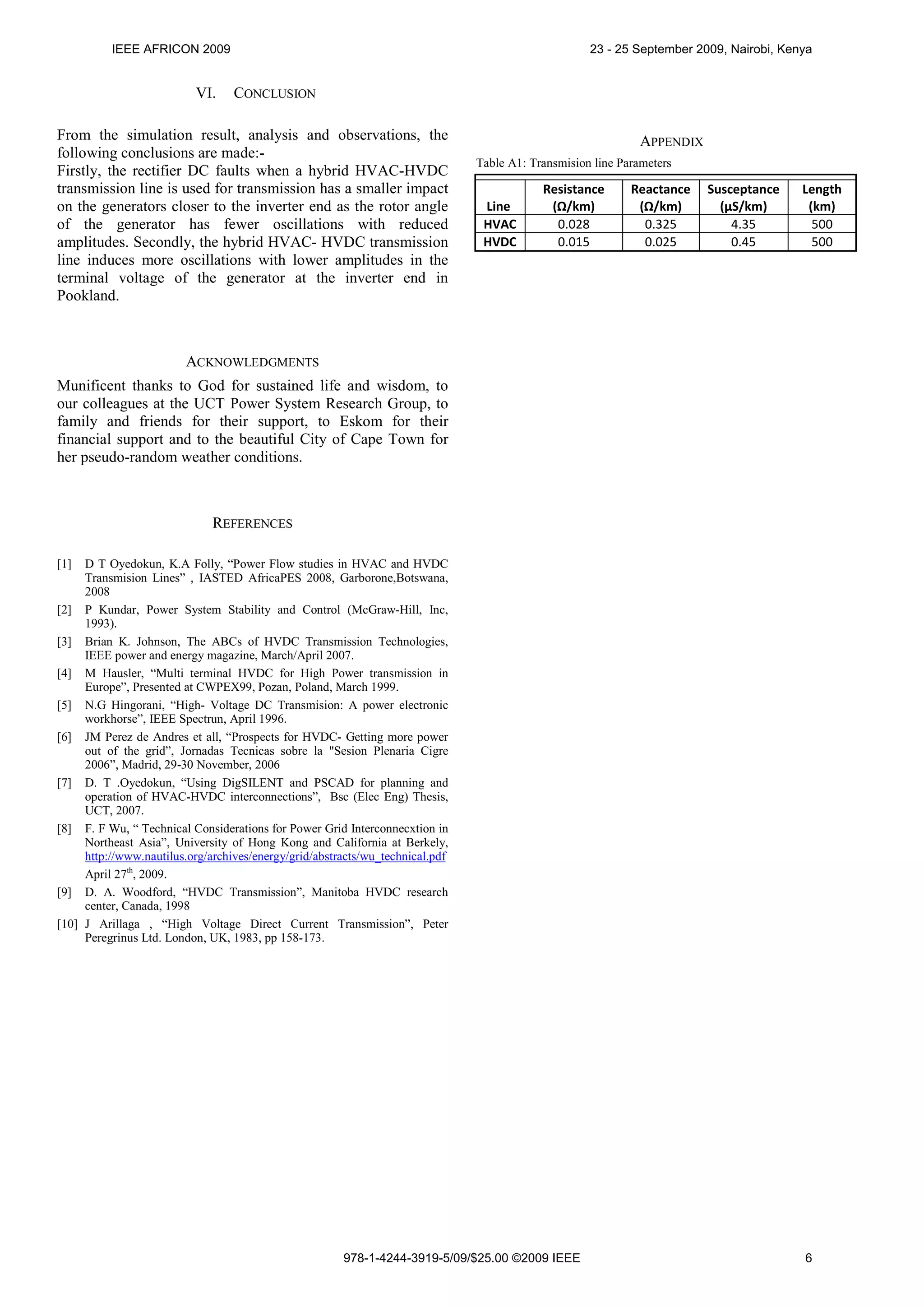 IEEE AFRICON 2009

VI.

23 - 25 September 2009, Nairobi, Kenya

CONCLUSION

From the simulation result, analysis and observations, the
following conclusions are made:Firstly, the rectifier DC faults when a hybrid HVAC-HVDC
transmission line is used for transmission has a smaller impact
on the generators closer to the inverter end as the rotor angle
of the generator has fewer oscillations with reduced
amplitudes. Secondly, the hybrid HVAC- HVDC transmission
line induces more oscillations with lower amplitudes in the
terminal voltage of the generator at the inverter end in
Pookland.

APPENDIX
Table A1: Transmision line Parameters

Line
HVAC
HVDC

Resistance
(Ω/km)
0.028
0.015

Reactance
(Ω/km)
0.325
0.025

Susceptance
(μS/km)
4.35
0.45

Length
(km)
500
500

ACKNOWLEDGMENTS
Munificent thanks to God for sustained life and wisdom, to
our colleagues at the UCT Power System Research Group, to
family and friends for their support, to Eskom for their
financial support and to the beautiful City of Cape Town for
her pseudo-random weather conditions.

REFERENCES
[1]

D T Oyedokun, K.A Folly, “Power Flow studies in HVAC and HVDC
Transmision Lines” , IASTED AfricaPES 2008, Garborone,Botswana,
2008
[2] P Kundar, Power System Stability and Control (McGraw-Hill, Inc,
1993).
[3] Brian K. Johnson, The ABCs of HVDC Transmission Technologies,
IEEE power and energy magazine, March/April 2007.
[4] M Hausler, “Multi terminal HVDC for High Power transmission in
Europe”, Presented at CWPEX99, Pozan, Poland, March 1999.
[5] N.G Hingorani, “High- Voltage DC Transmision: A power electronic
workhorse”, IEEE Spectrun, April 1996.
[6] JM Perez de Andres et all, “Prospects for HVDC- Getting more power
out of the grid”, Jornadas Tecnicas sobre la "Sesion Plenaria Cigre
2006”, Madrid, 29-30 November, 2006
[7] D. T .Oyedokun, “Using DigSILENT and PSCAD for planning and
operation of HVAC-HVDC interconnections”, Bsc (Elec Eng) Thesis,
UCT, 2007.
[8] F. F Wu, “ Technical Considerations for Power Grid Interconnecxtion in
Northeast Asia”, University of Hong Kong and California at Berkely,
http://www.nautilus.org/archives/energy/grid/abstracts/wu_technical.pdf
April 27th, 2009.
[9] D. A. Woodford, “HVDC Transmission”, Manitoba HVDC research
center, Canada, 1998
[10] J Arillaga , “High Voltage Direct Current Transmission”, Peter
Peregrinus Ltd. London, UK, 1983, pp 158-173.

978-1-4244-3919-5/09/$25.00 ©2009 IEEE

6

 