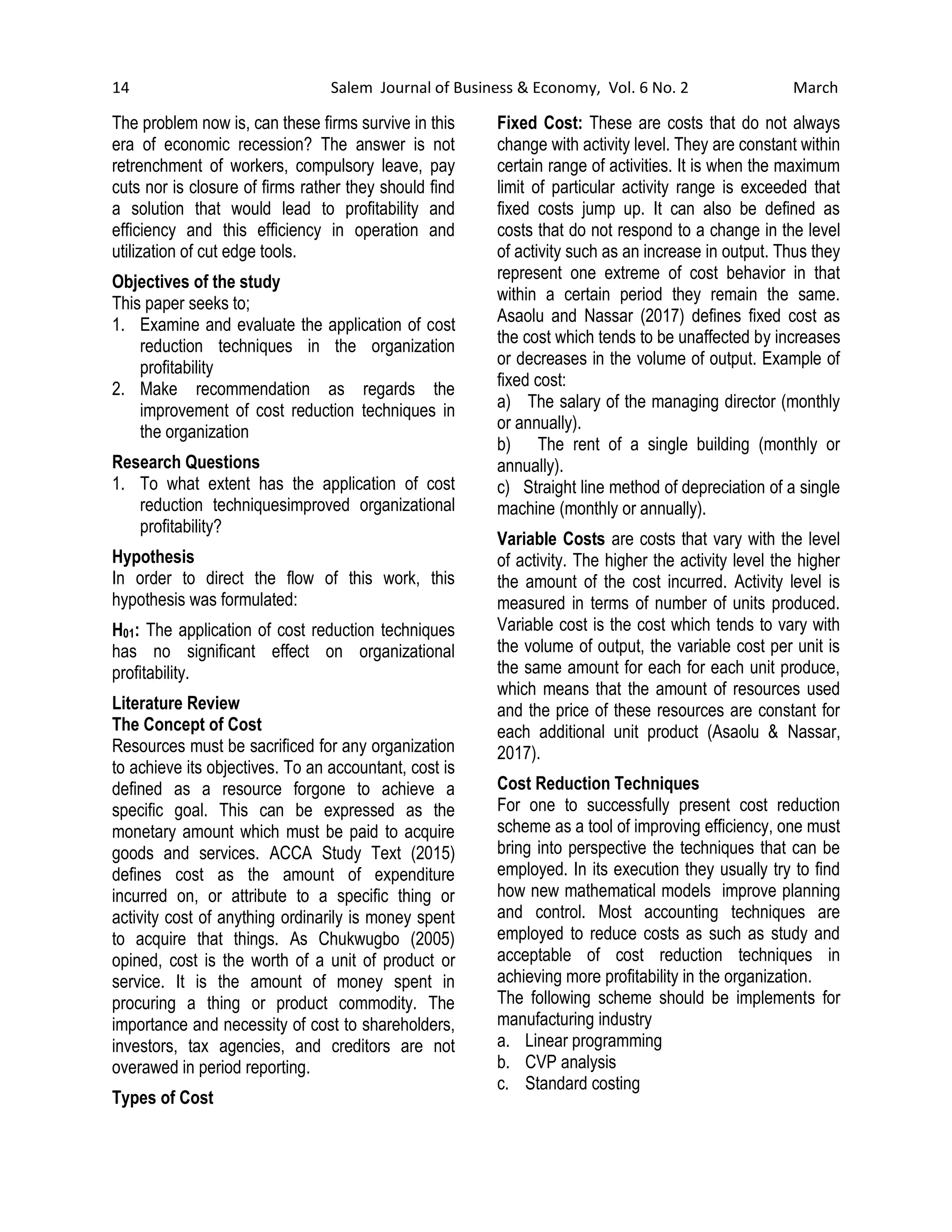 Effect of cost reduction techniques on profitability | PDF
