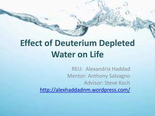 Effect of Deuterium Depleted
         Water on Life
                 REU: Alexandria Haddad
                Mentor: Anthony Salvagno
                     Advisor: Steve Koch
    http://alexhaddadnm.wordpress.com/
 