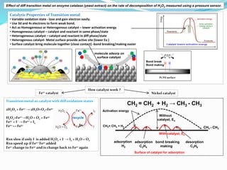 Pt/Pd surface
Catalytic Properties of Transition metal
• Variable oxidation state - lose and gain electron easily.
• Use 3...