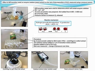 Centrifuge to spin down the extract Catalase extract (clear solution used) Yeast, pressure sensor, H2O2
Diff transition me...