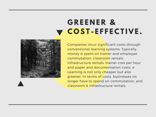 G R E E N E R &
C O S T - E F F E C T I V E .
Companies incur significant costs through
conventional learning systems. Typically,
money is spent on trainer and employee
commutation, classroom rentals,
infrastructure rentals, trainer cost per hour
and paper and documentation costs. e
Learning is not only cheaper but also
greener. In terms of costs, businesses no
longer have to spend on commutation, and
classroom & infrastructure rentals. 
 