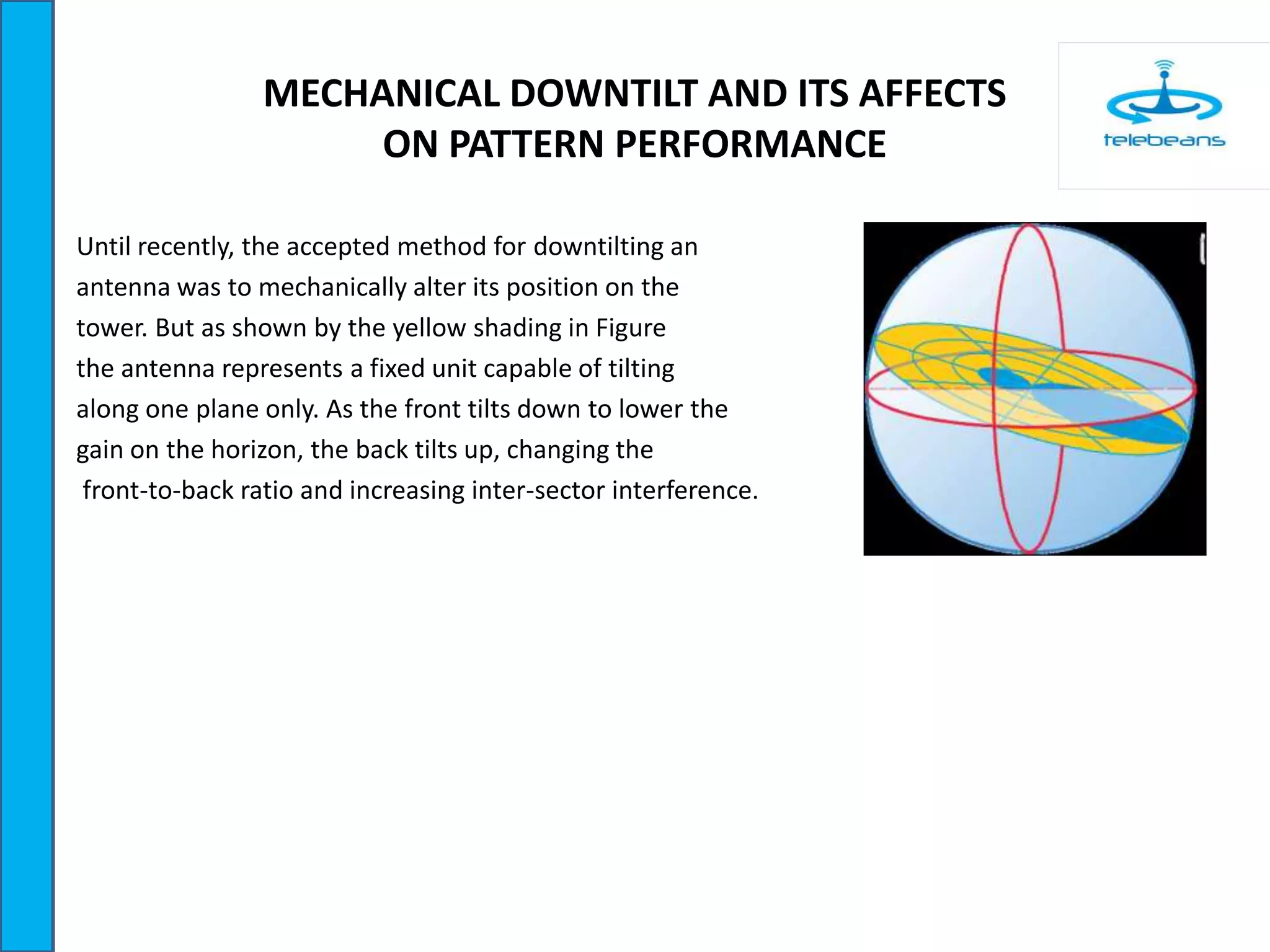 MECHANICAL DOWNTILT AND ITS AFFECTS
ON PATTERN PERFORMANCE
Until recently, the accepted method for downtilting an
antenna was to mechanically alter its position on the
tower. But as shown by the yellow shading in Figure
the antenna represents a fixed unit capable of tilting
along one plane only. As the front tilts down to lower the
gain on the horizon, the back tilts up, changing the
front-to-back ratio and increasing inter-sector interference.
 