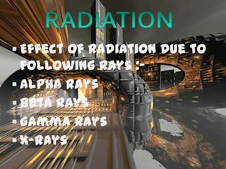  Effect of radiation due to
  following rays :-
 Alpha rays
 Beta rays
 Gamma rays
 X-rays
 