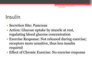 Insulin
• Secretion Site: Pancreas
• Action: Glucose uptake by muscle at rest,
regulating blood glucose concentration
• Exercise Response: Not released during exercise;
receptors more sensitive, thus less insulin
required
• Effect of Chronic Exercise: No exercise response
Shalu Thariwal
 